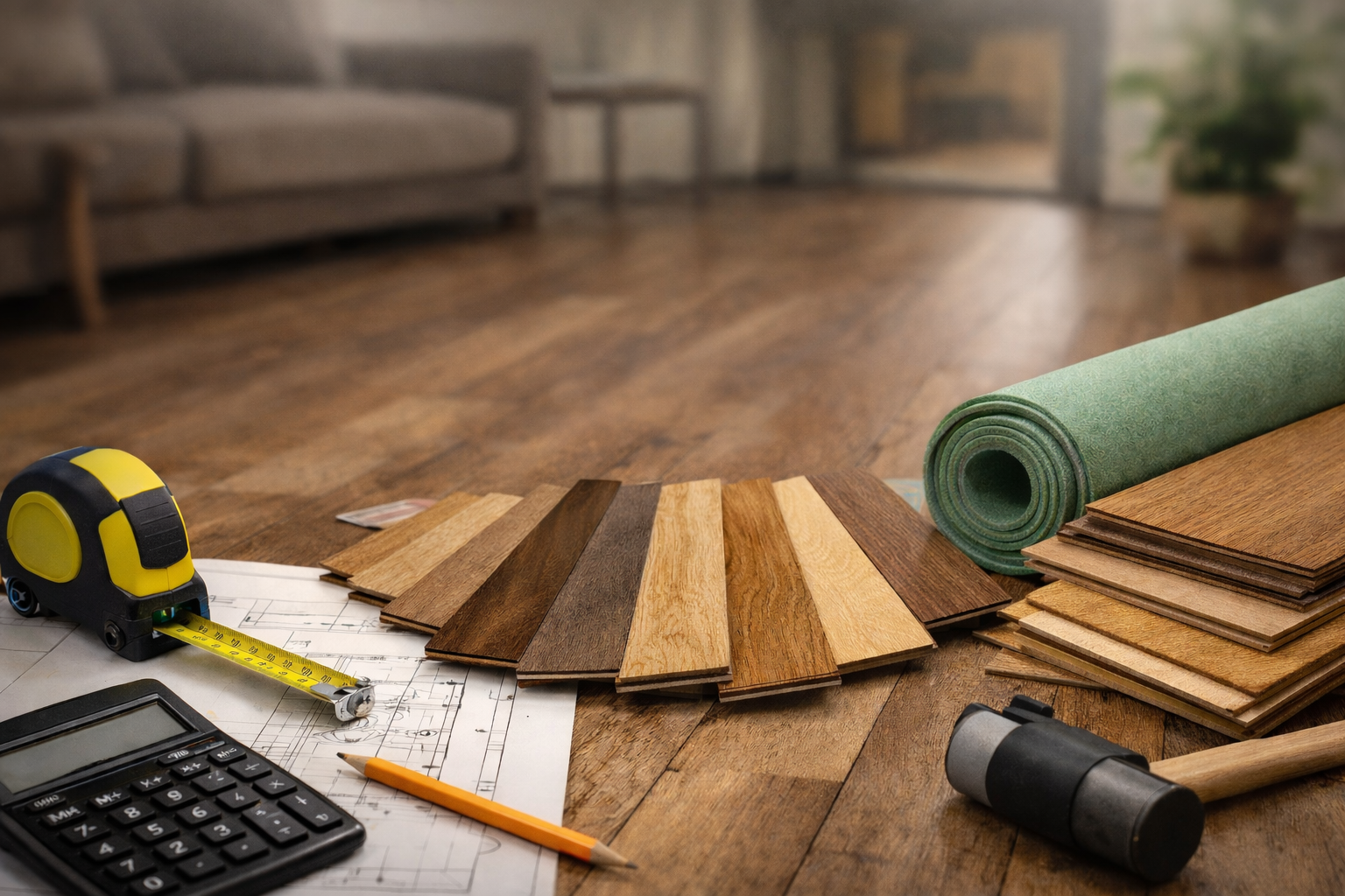 Laminate flooring samples, measuring tools, and underlay laid out on a wooden floor in a Pretoria 