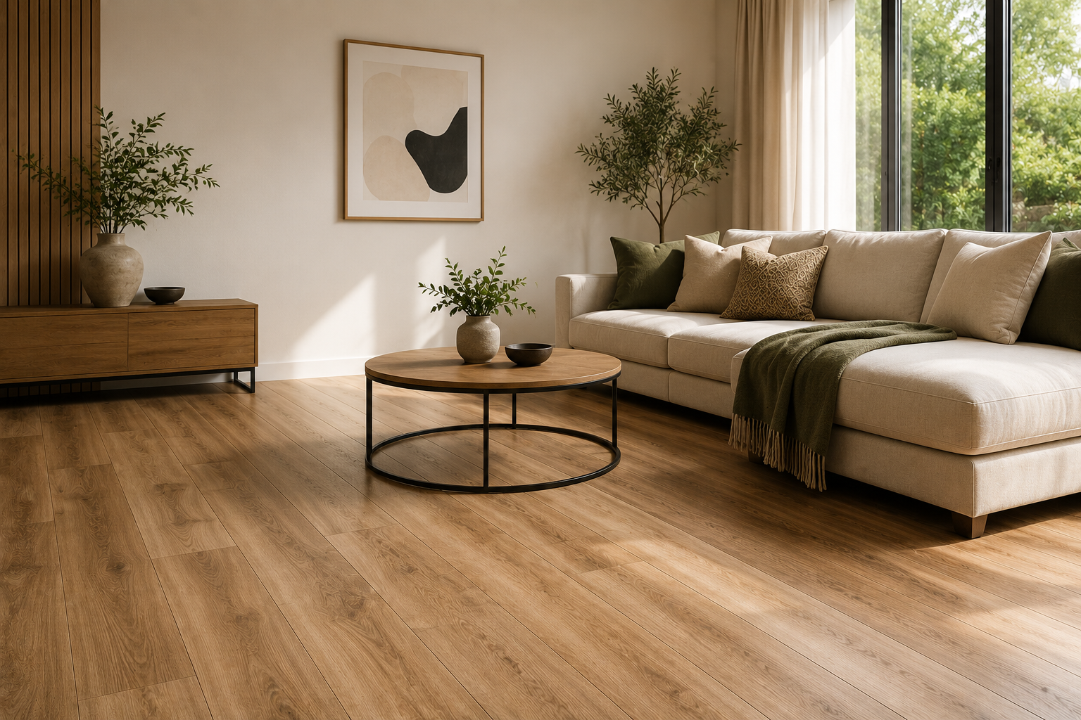 Modern living room with warm laminate flooring and natural sunlight.