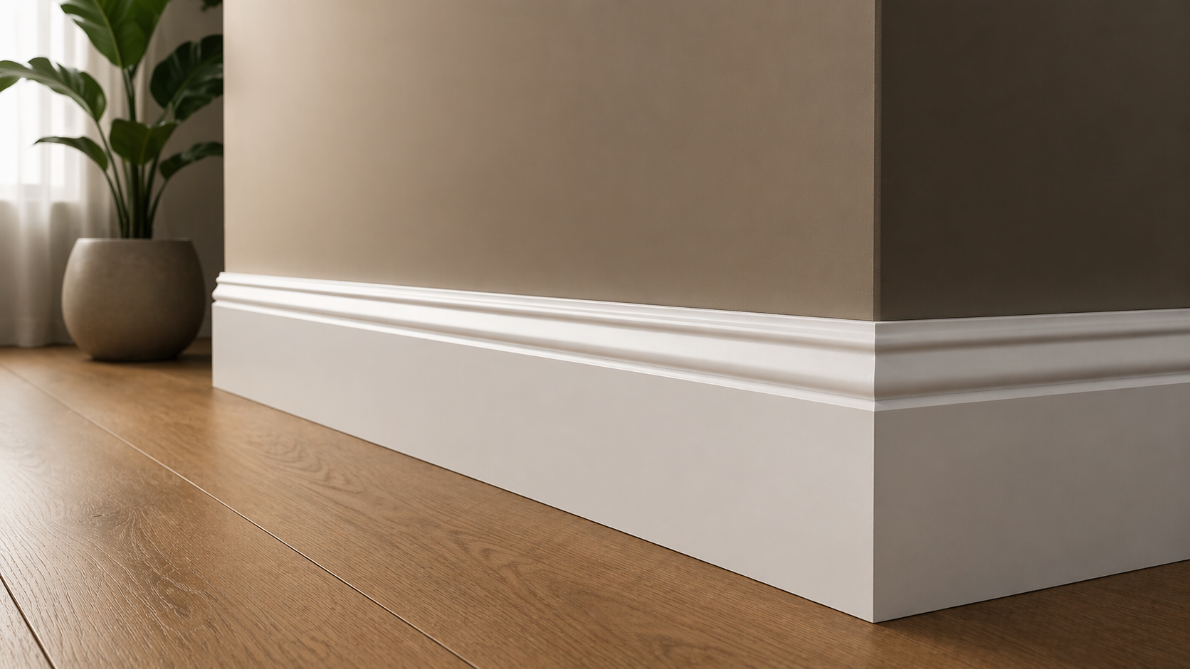 Modern white skirting board on wood flooring in a stylish South African home