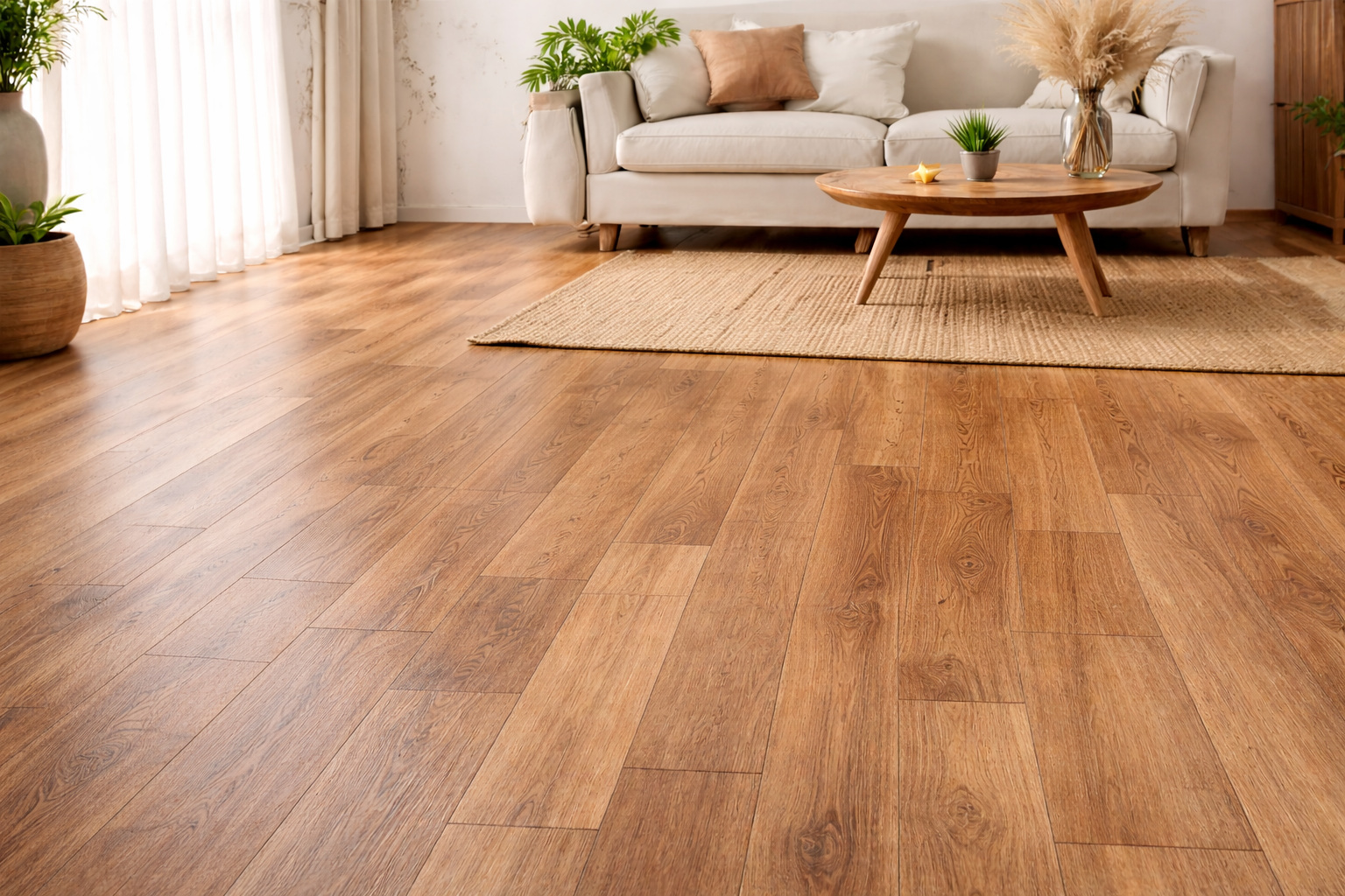 Modern living room with warm wood-look vinyl flooring, wide planks, and natural light 