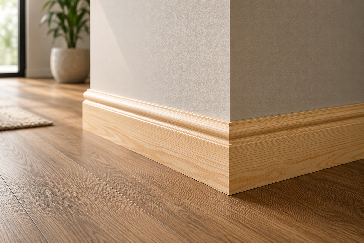 Pine wood skirting installed with wood flooring in a modern interior
