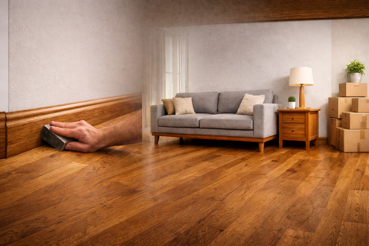 Close-up of solid wood skirting boards installed in a modern home interior