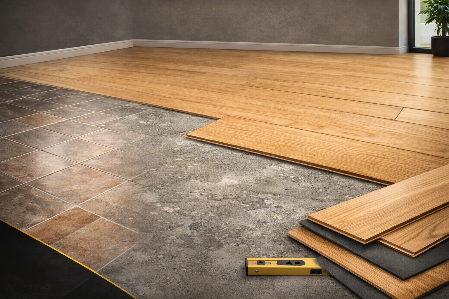 Laminate flooring being installed over concrete and tiled floor with underlay