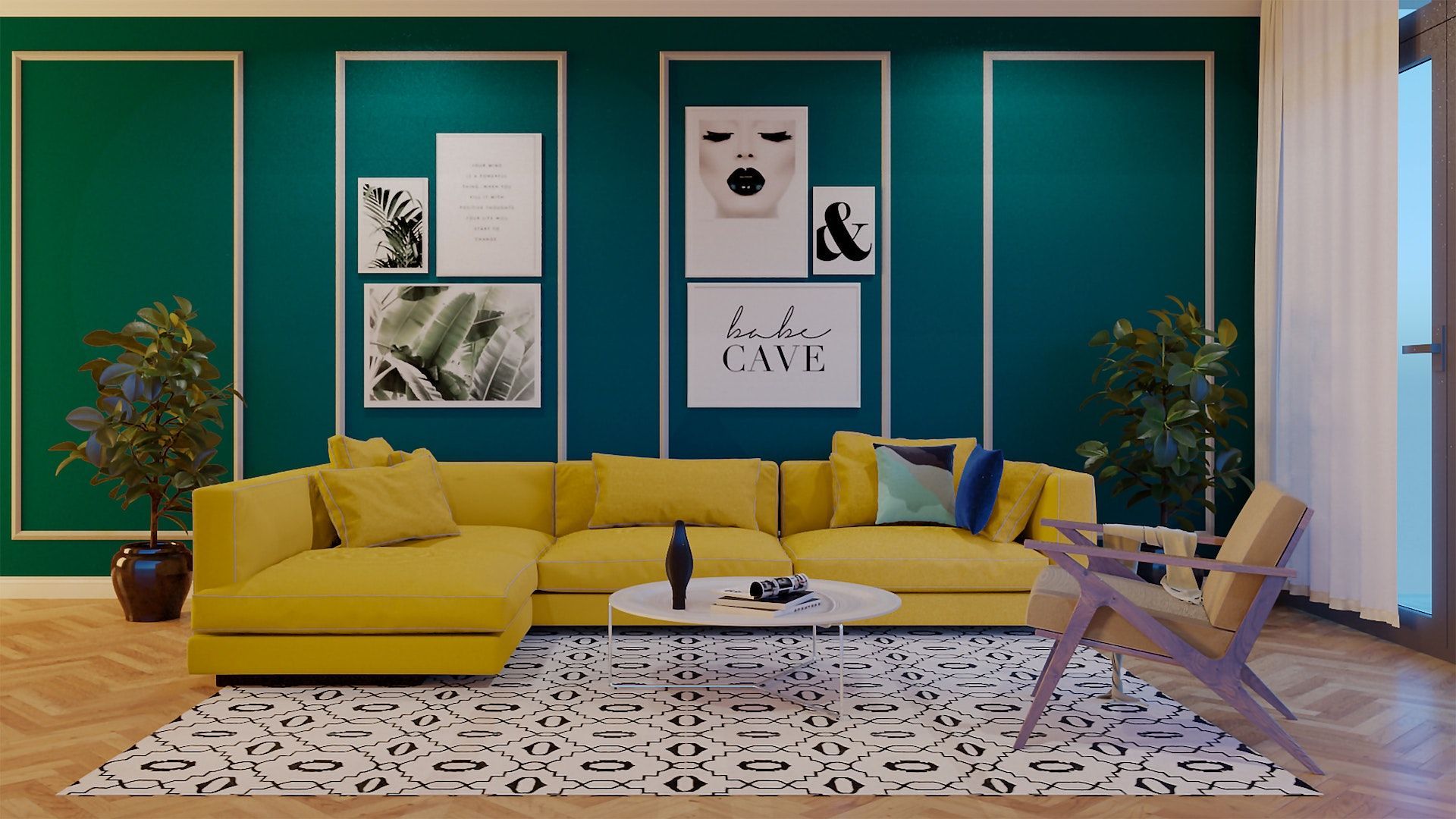 A living room with a yellow couch , chair , coffee table and green walls.