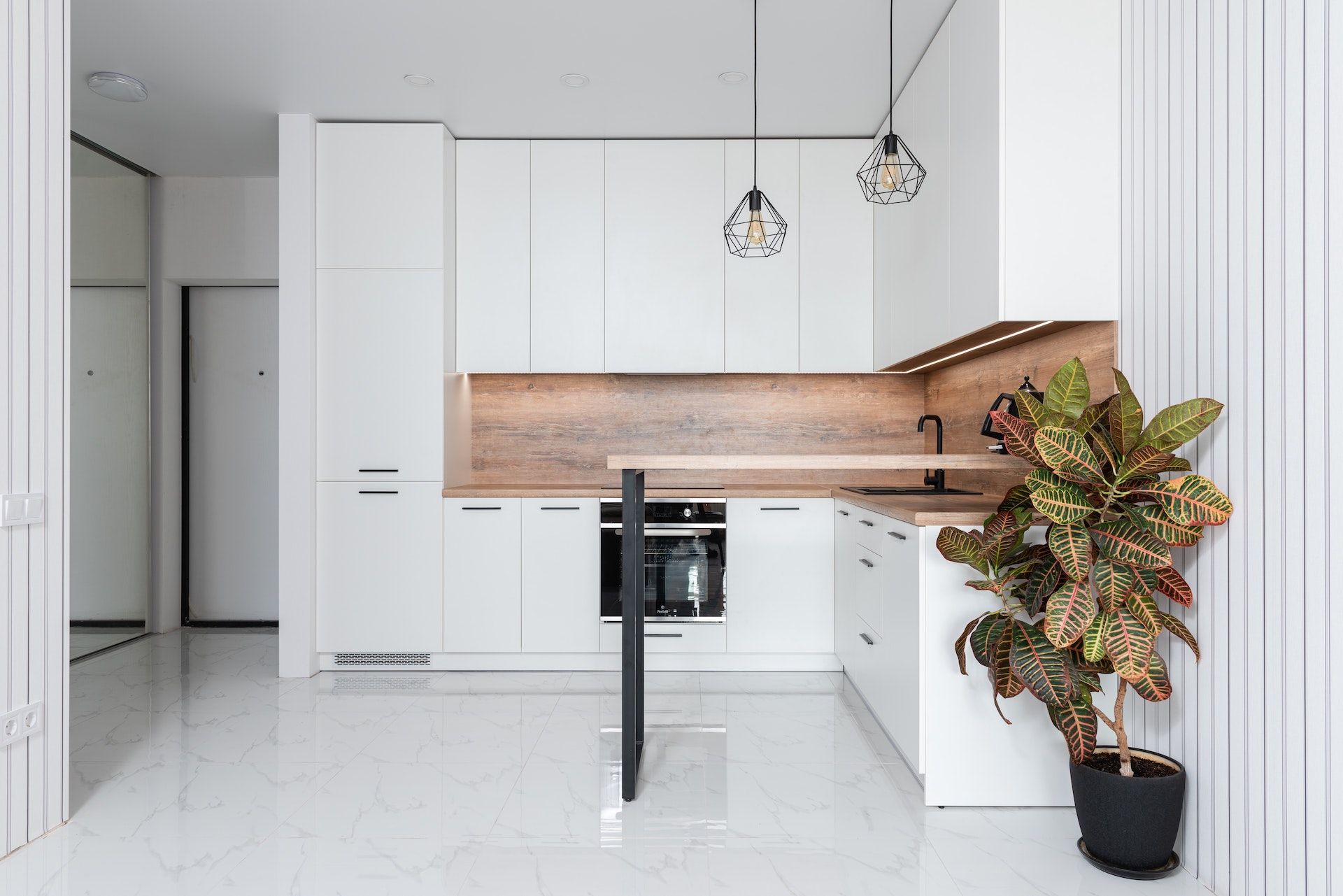 A kitchen with white cabinets and a plant in a pot.