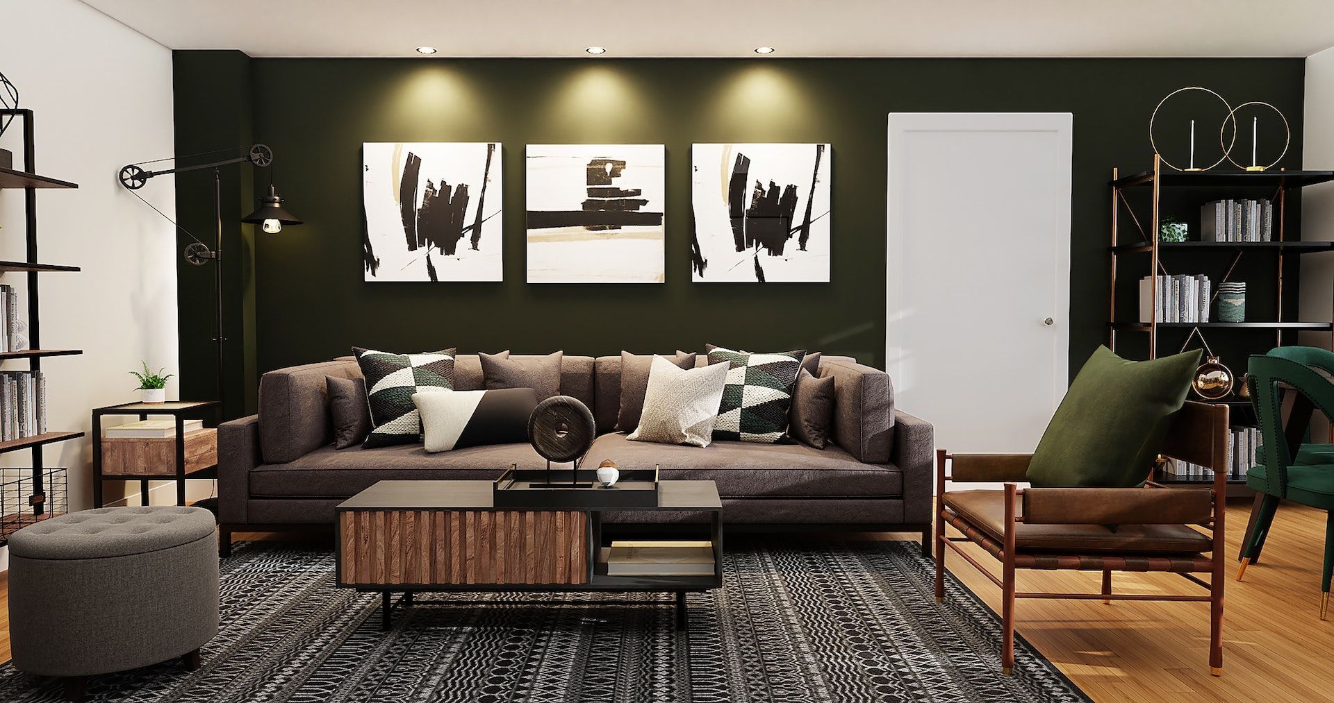 A living room with a couch , chairs , and a coffee table.