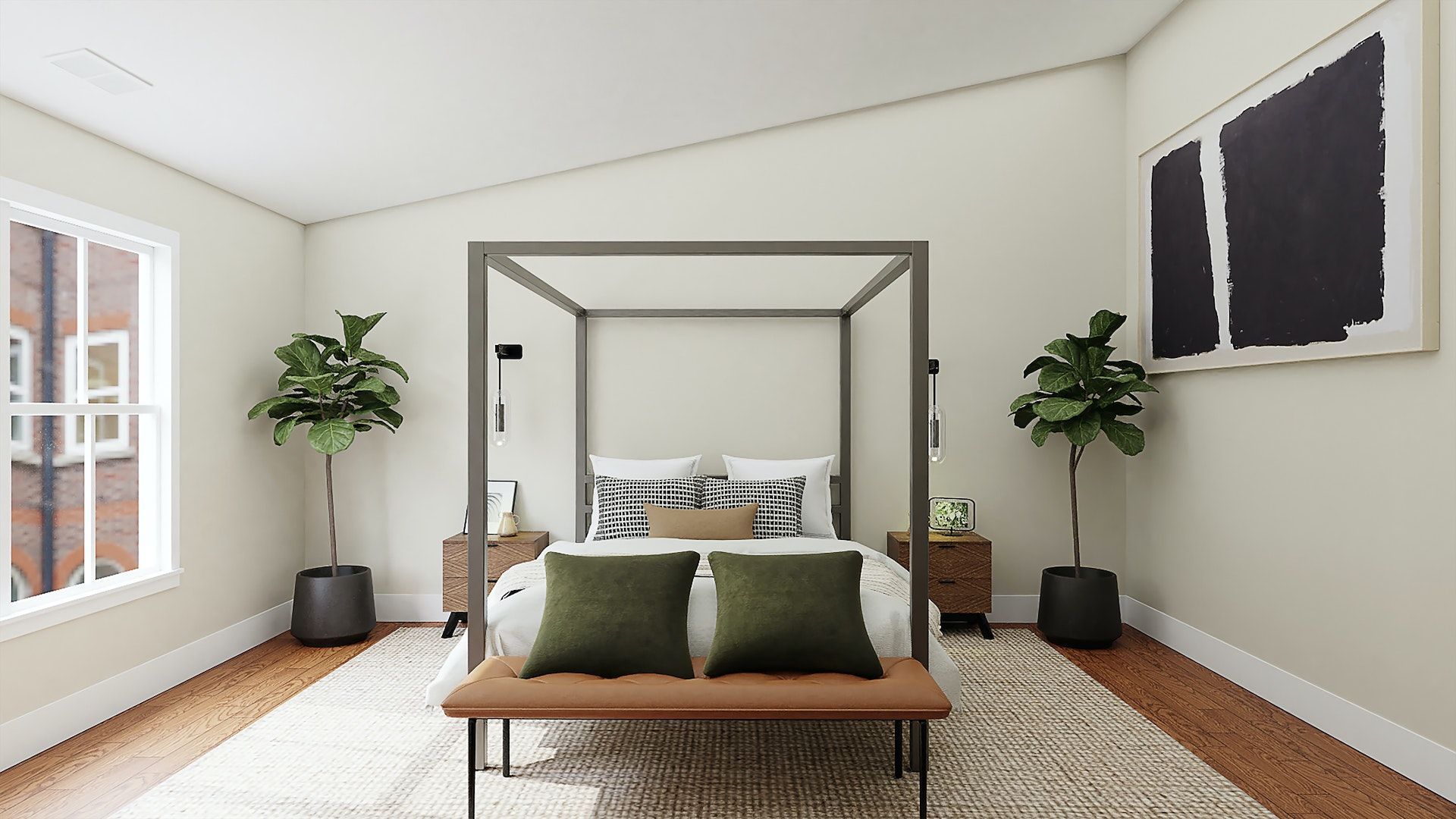 A bedroom with a canopy bed and a bench.