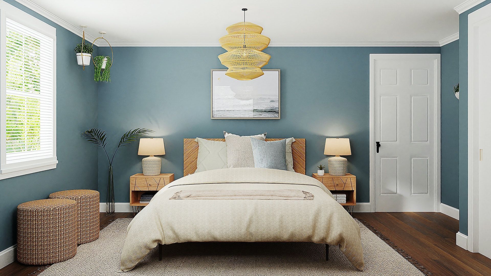 A bedroom with a bed , nightstands , lamps and a rug.
