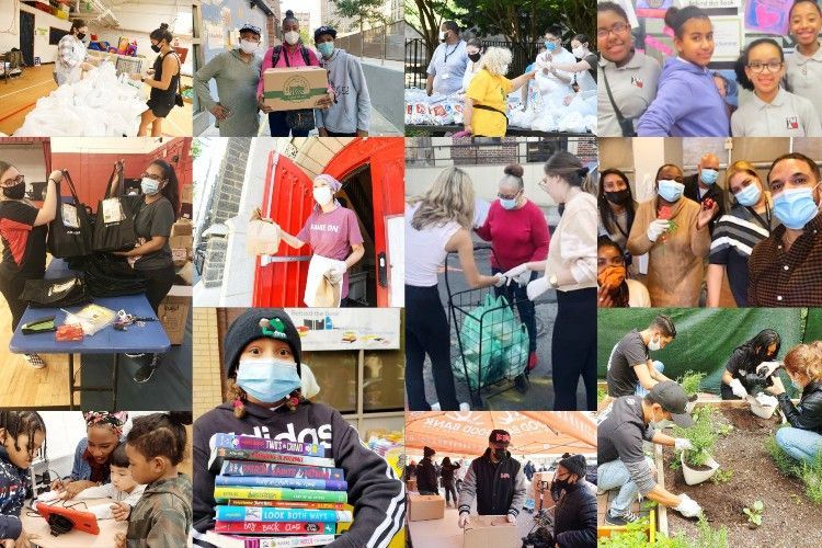 People volunteering and helping, outdoors and indoors, with food and books.