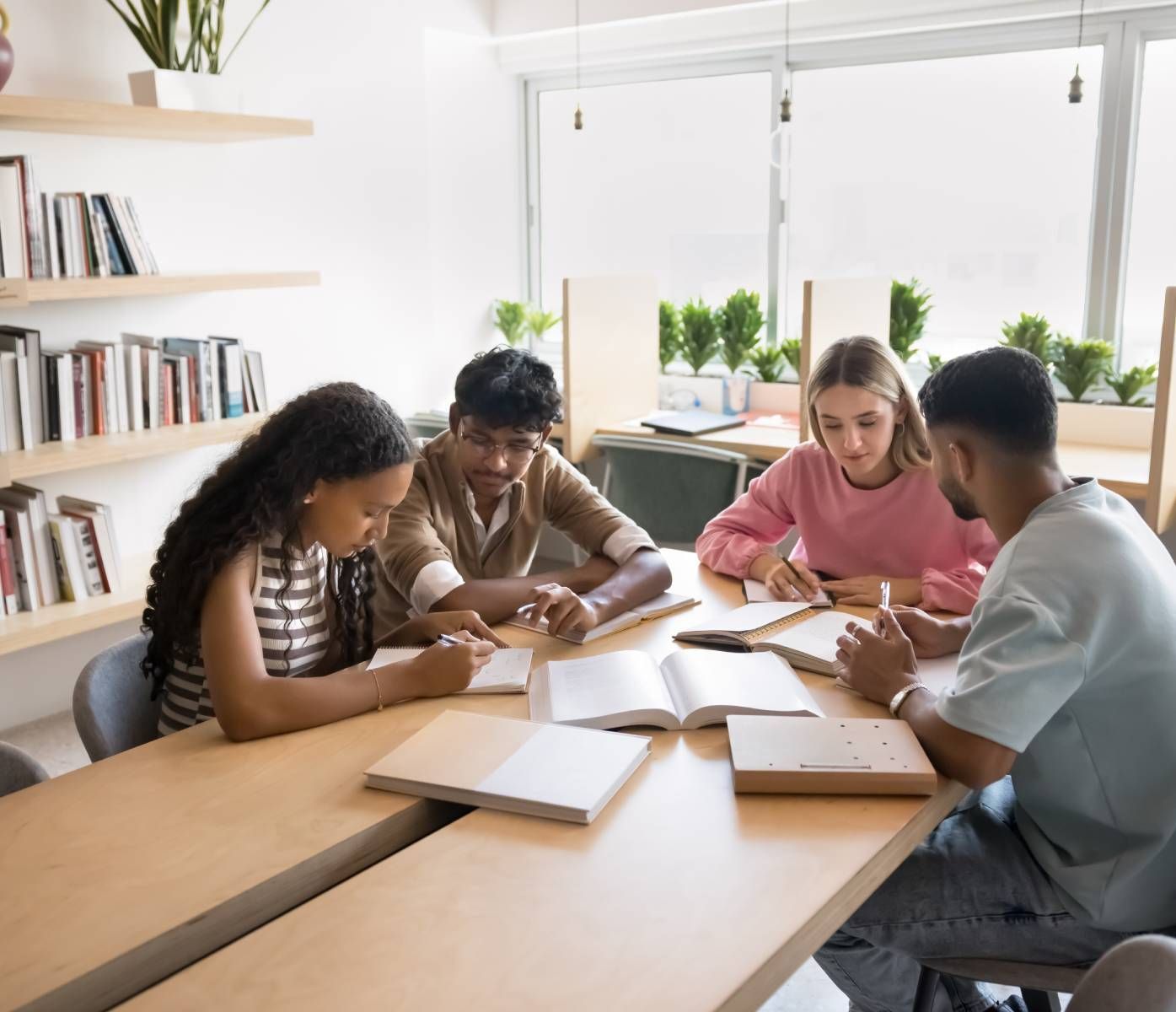 Four students at a table studying together in a library. They're writing and using books.