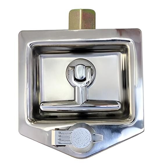 A Close Up of a Stainless Steel Door Latch on a White Background — Strut Re-gas Mackay In Ooralea, QLD