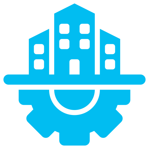 A blue icon of a city with buildings and a gear.