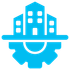 A blue icon of a city with buildings and a gear.