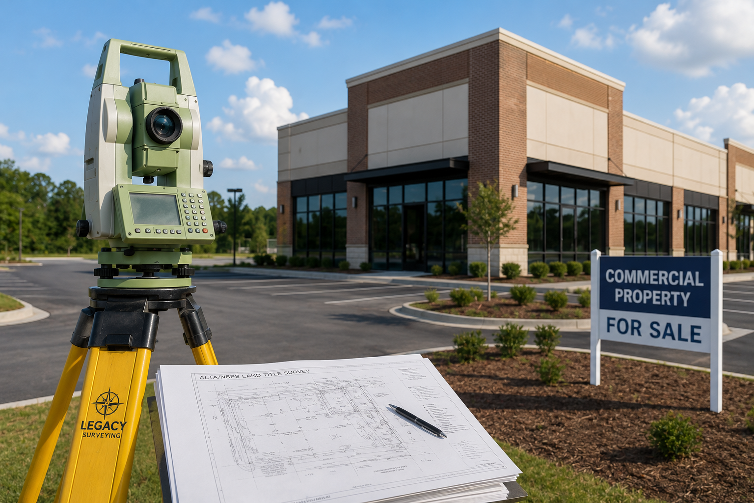 Surveyor conducting an ALTA/NSPS land title survey on a commercial property in Newnan, GA
