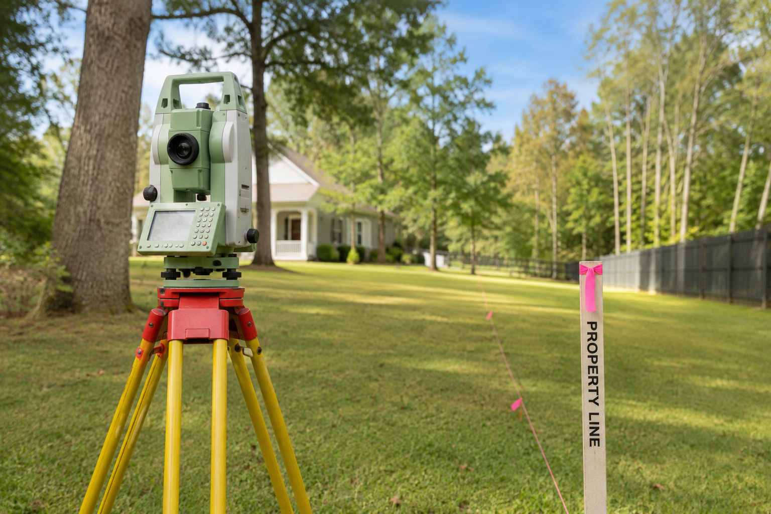 Licensed land surveyor performing a boundary survey in Fayetteville, GA