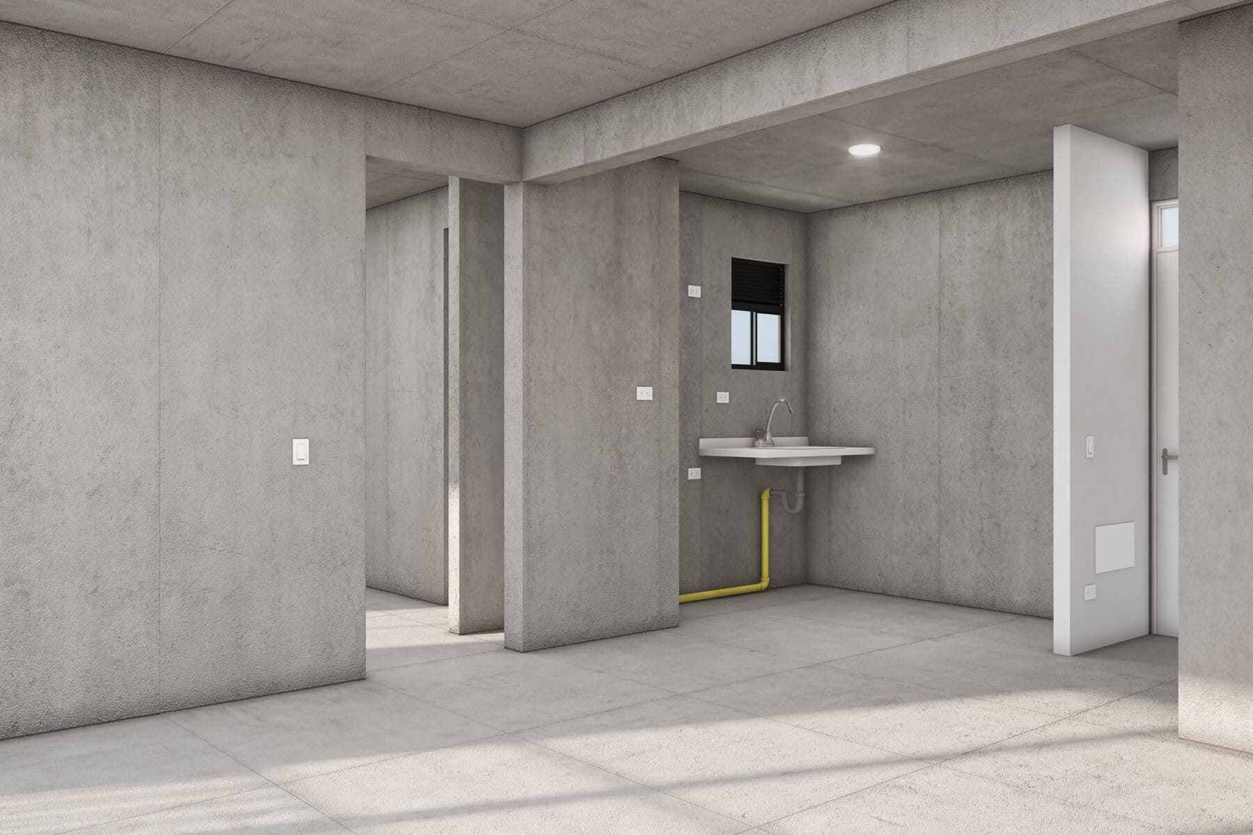 Una impresión artística de una habitación vacía con paredes de hormigón y un lavabo.