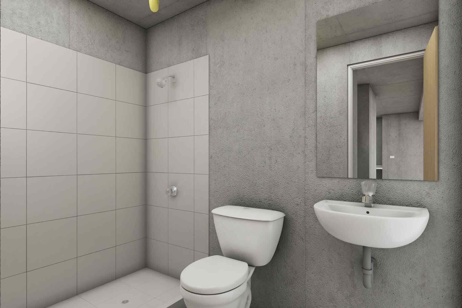 Un cuarto de baño con inodoro, lavabo, ducha y espejo.