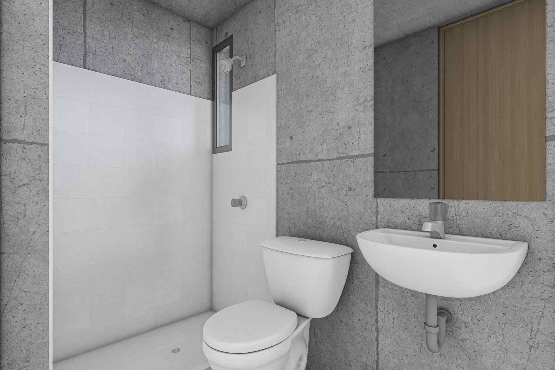 Un baño con inodoro, lavabo y espejo.