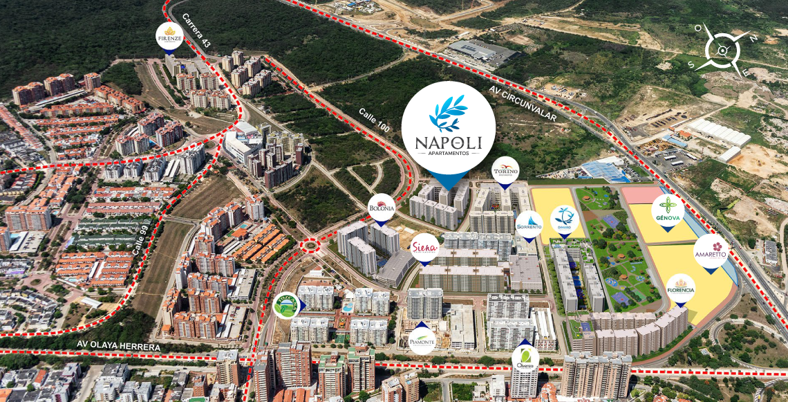 Una vista aérea de una ciudad con un círculo azul que dice napoli.