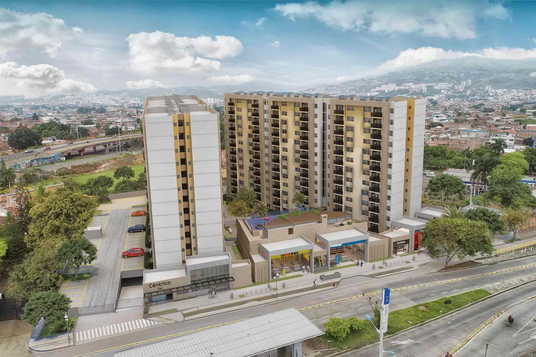 Una vista aérea de un gran edificio de apartamentos en una ciudad.