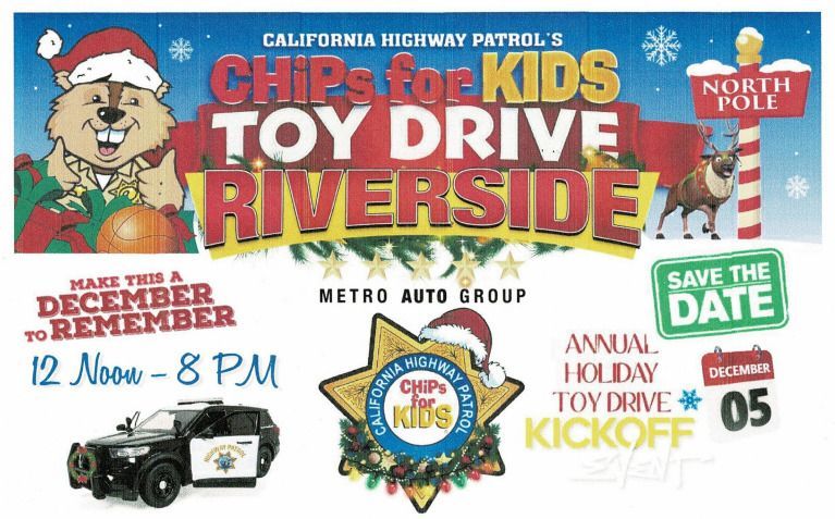 Poster for California Highway Patrol's Chips for Kids toy drive in Riverside. Features a beaver in a Santa hat, reindeer, and a police car.