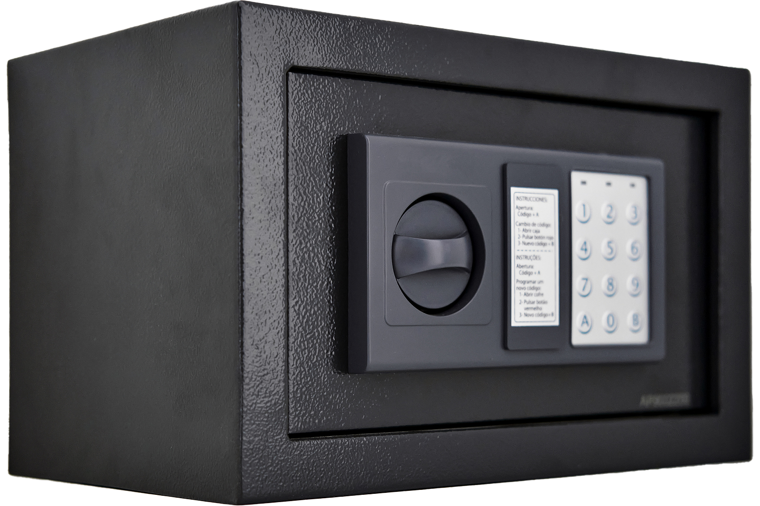Black digital safe with keypad and dial on the front.