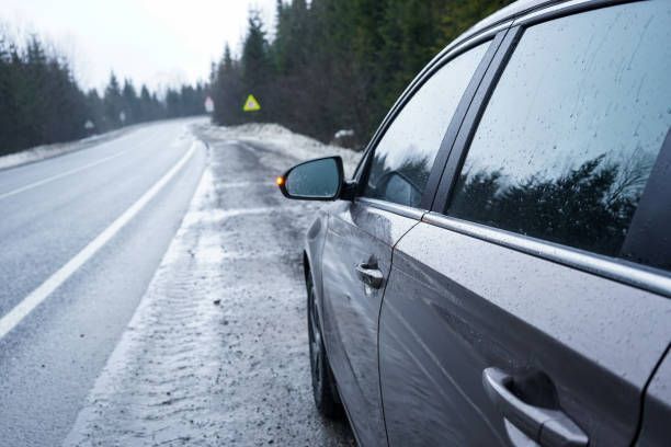 Gray car parked on snowy road shoulder, hazard lights flashing, trees in background.