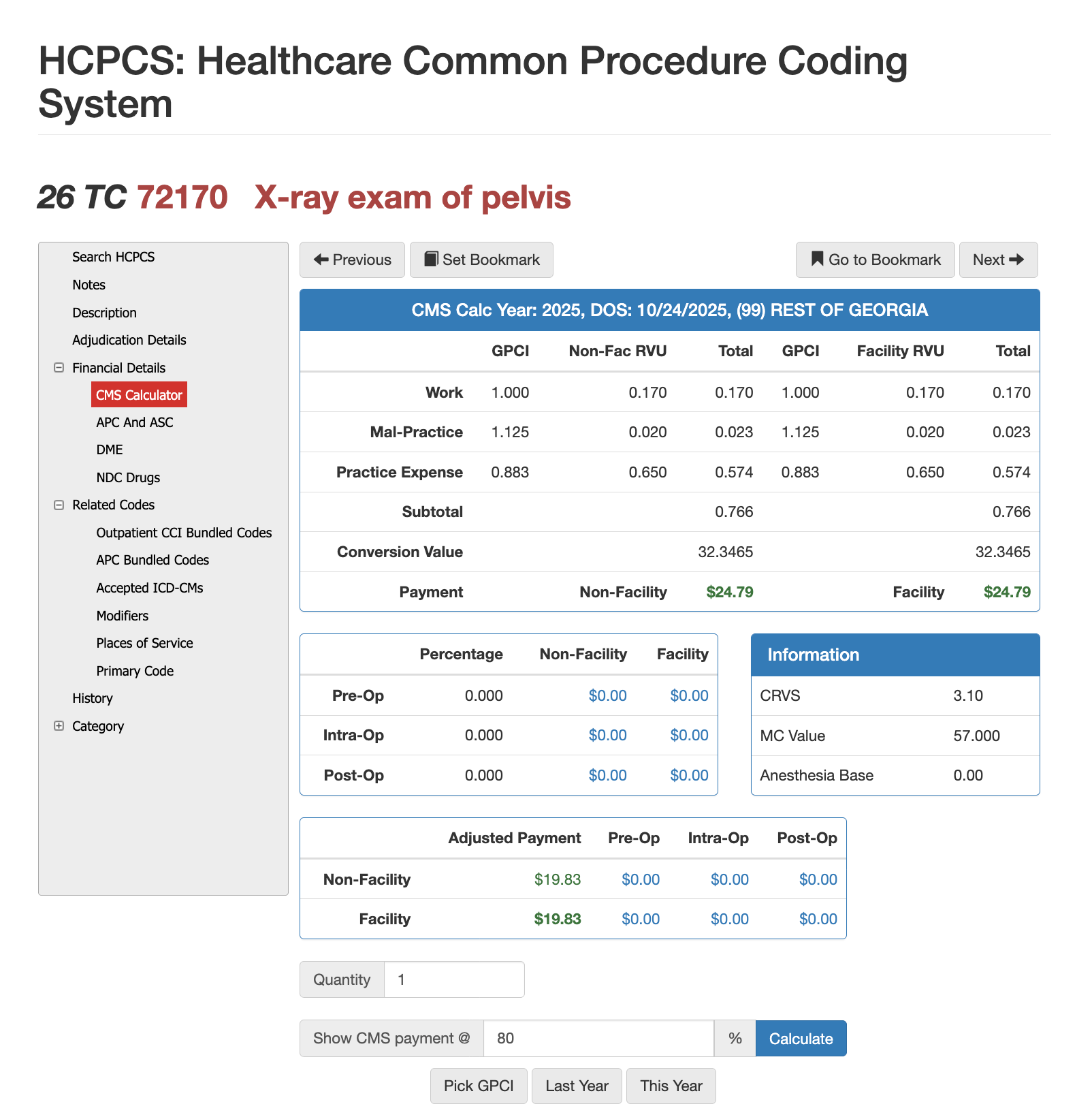 72170 cpt code cms payment