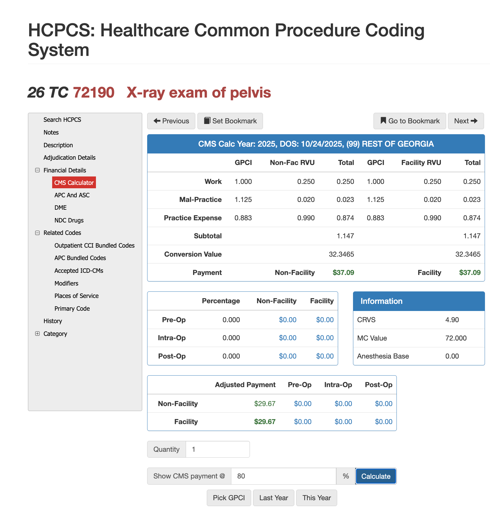 72190 cpt code cms payment