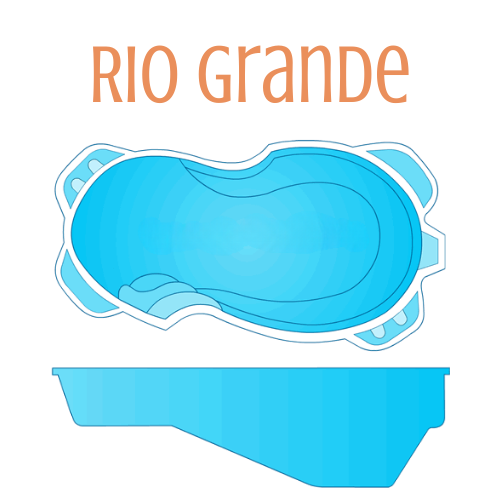 Top-down and side view of a blue, kidney-shaped pool design labeled