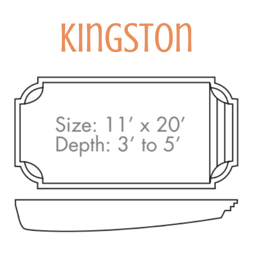 Diagram of a Kingston pool design. Rectangular shape with decorative edges, showing size and depth.