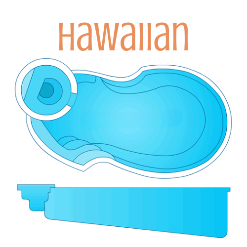 Diagram of a Hawaiian-shaped swimming pool in blue with steps, a circular spa, and the word