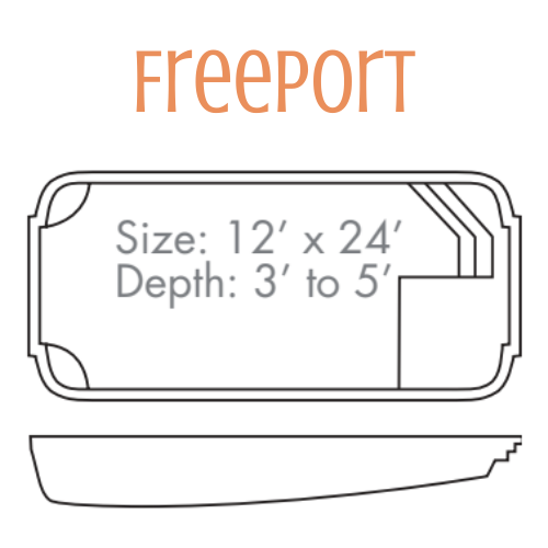 Diagram of a Freeport pool with dimensions: 12' x 24' and depth 3' to 5'. It shows the pool shape and steps.