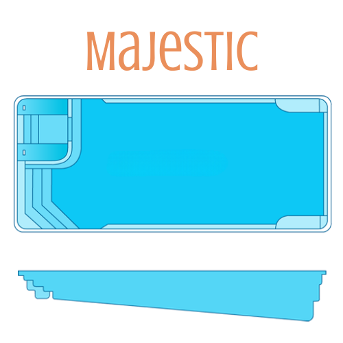 Top-down and side view diagram of a rectangular pool, blue water, steps on one end,