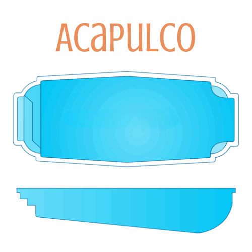 Diagram of a blue, kidney-shaped swimming pool labeled