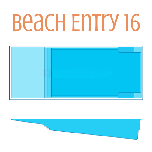 Diagram of a rectangular pool with beach entry. Blue water, light blue entry, and turquoise border. Text: BEACH ENTRY 16.