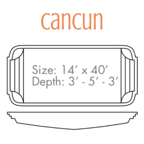 Diagram of a Cancun pool, rectangular with rounded edges, dimensions: 14' x 40', depth: 3'-5'-3'.