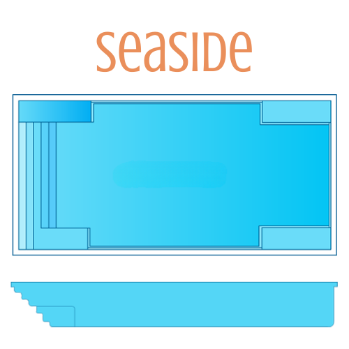 Top-down and side view diagram of a rectangular pool with integrated steps, labeled