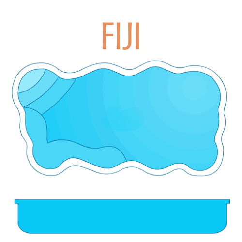 Top-down and side view of a Fiji shaped swimming pool. Blue water with white border, steps on one side.