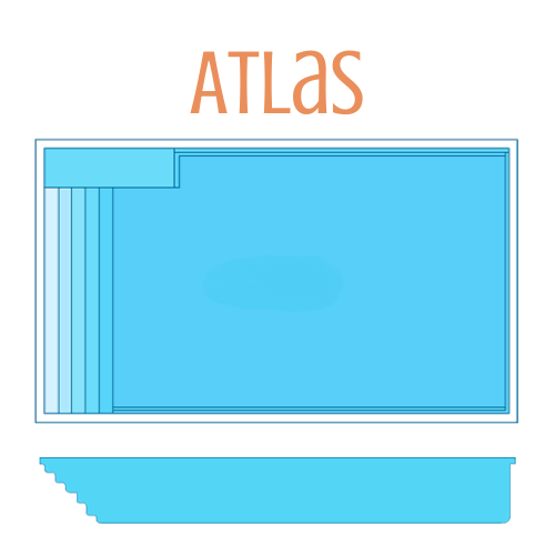Diagram of a rectangular swimming pool design, blue with steps and a small side section.