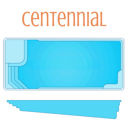 Diagram of a rectangular swimming pool with a shallow end, steps, and a deep end; blue water and white border.