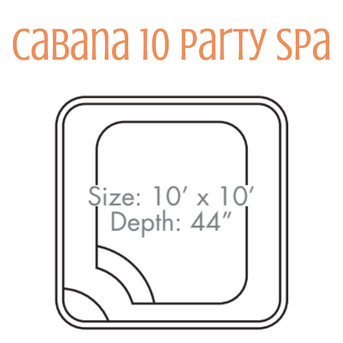 Diagram of a square spa with rounded corners. Text reads: