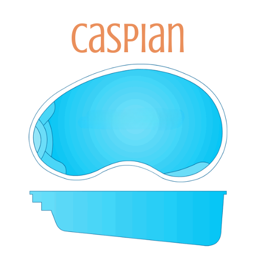 Diagram of a Caspian-shaped swimming pool, light blue water, with steps and a shallow end.