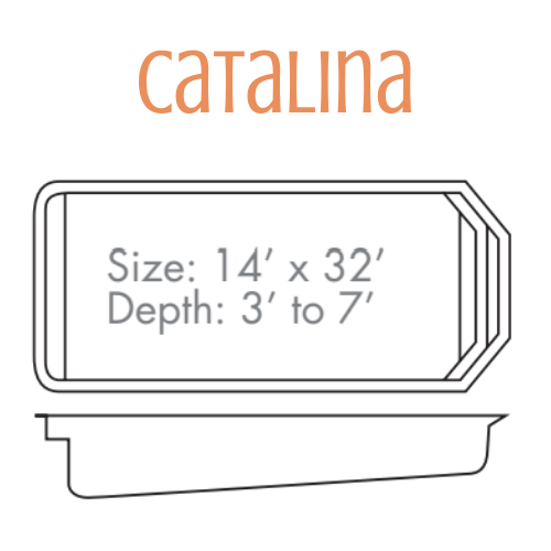 Diagram of a Catalina pool with dimensions: 14' x 32', depth 3' to 7'.