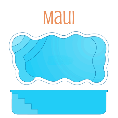 Top-down and side view of a blue, free-form pool with steps. Text