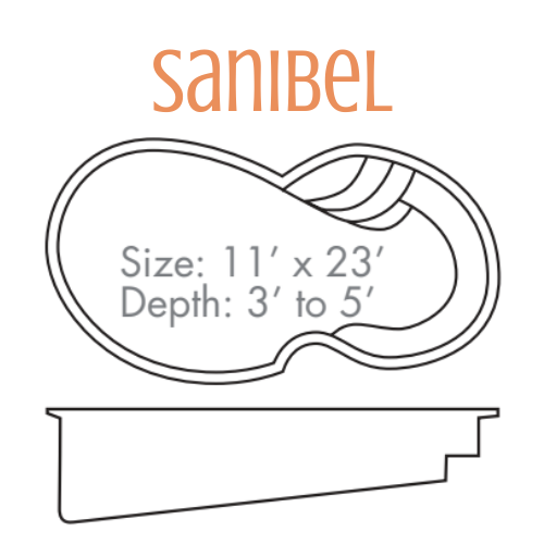 Diagram of a kidney-shaped pool design. Dimensions are 11' x 23' with a depth of 3' to 5'.