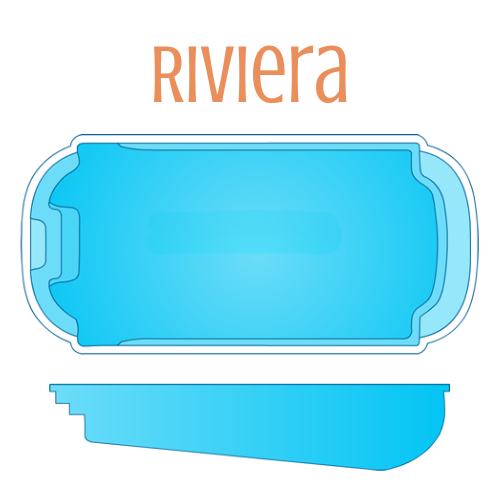 Diagram of a Riviera swimming pool, blue water, shallow end, with steps and a bench.