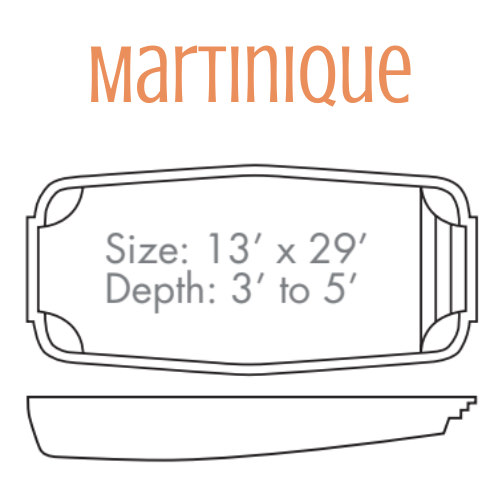 Diagram of a Martinique pool with dimensions 13' x 29', and a depth of 3' to 5'.