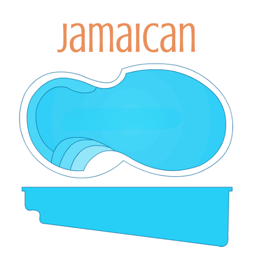 Diagram of a Jamaican-shaped pool with blue water and steps, outlined in white, top and side views.