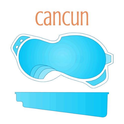 Top-down view of Cancun pool design with blue water. Bottom profile shows depth with steps. Beige
